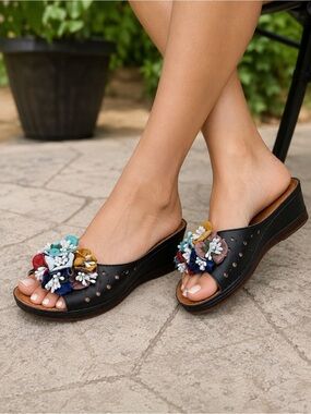 Spring Step Flowerchild Leather Wedge Slide Sandals Women EU 38 US 7.5 Black